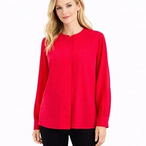 David Matthew Red Blouse Top Size 10 Long Sleeve Hidden Button Front Pleat Back
